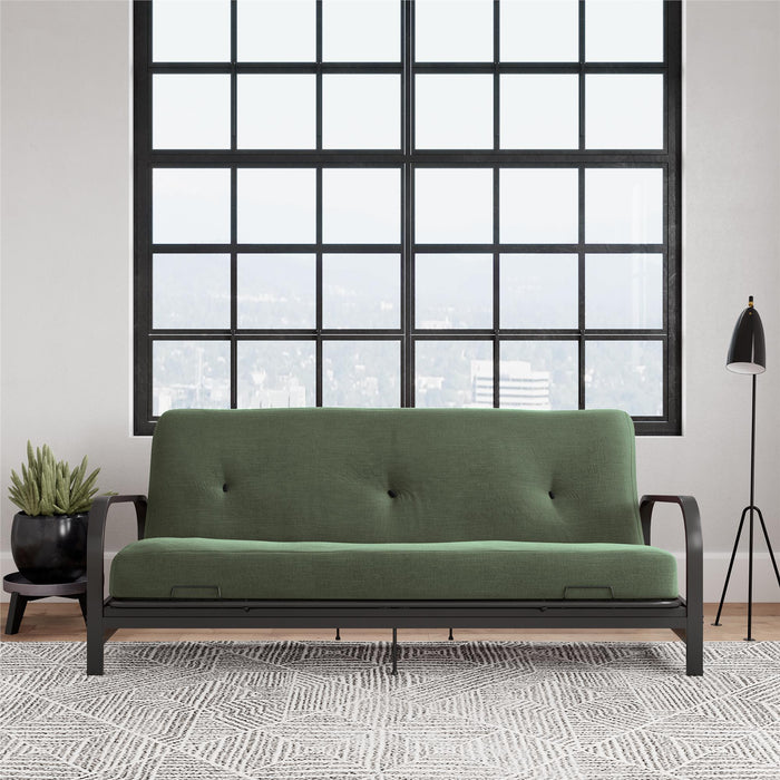Armature de futon Cleo Dorel Home de format lit double avec accoudoirs en métal noir et matelas à rembourrage en polyester à haute densité thermolié de 6 po - vert