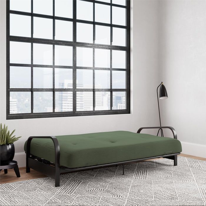 Armature de futon Cleo Dorel Home de format lit double avec accoudoirs en métal noir et matelas à rembourrage en polyester à haute densité thermolié de 6 po - vert
