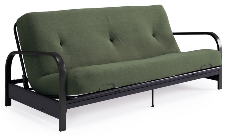 Armature de futon Cleo Dorel Home de format lit double avec accoudoirs en métal noir et matelas à rembourrage en polyester à haute densité thermolié de 6 po - vert