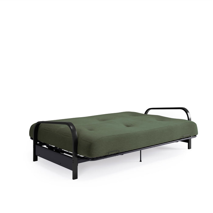 Armature de futon Cleo Dorel Home de format lit double avec accoudoirs en métal noir et matelas à rembourrage en polyester à haute densité thermolié de 6 po - vert