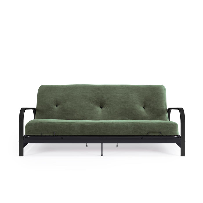 Armature de futon Cleo Dorel Home de format lit double avec accoudoirs en métal noir et matelas à rembourrage en polyester à haute densité thermolié de 6 po - vert
