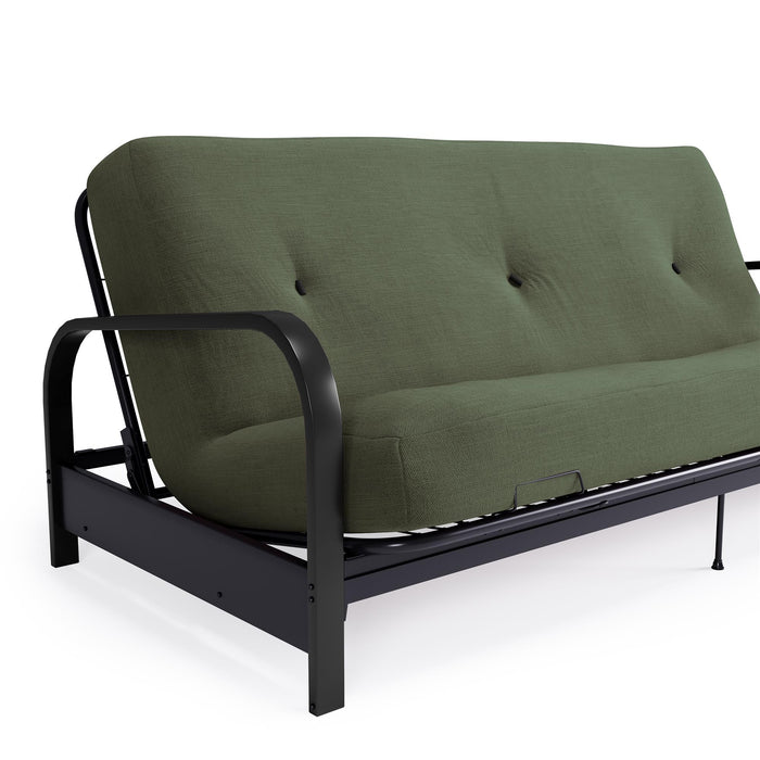 Armature de futon Cleo Dorel Home de format lit double avec accoudoirs en métal noir et matelas à rembourrage en polyester à haute densité thermolié de 6 po - vert