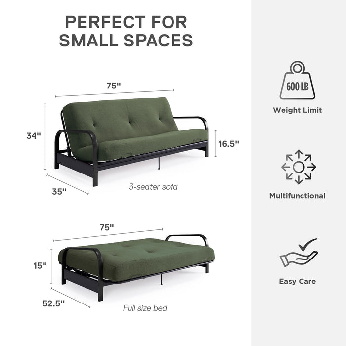 Armature de futon Cleo Dorel Home de format lit double avec accoudoirs en métal noir et matelas à rembourrage en polyester à haute densité thermolié de 6 po - vert