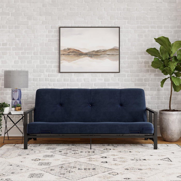 Futon Harlow Dorel Home de format lit double avec accoudoirs en métal et matelas de futon à rembourrage en polyester à haute densité thermolié de 6 po - bleu