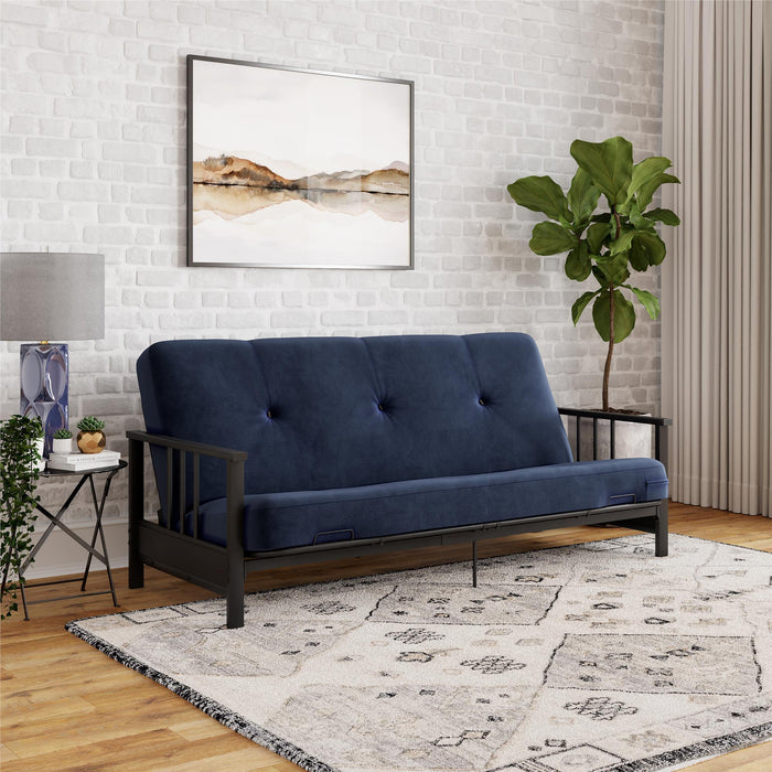 Futon Harlow Dorel Home de format lit double avec accoudoirs en métal et matelas de futon à rembourrage en polyester à haute densité thermolié de 6 po - bleu