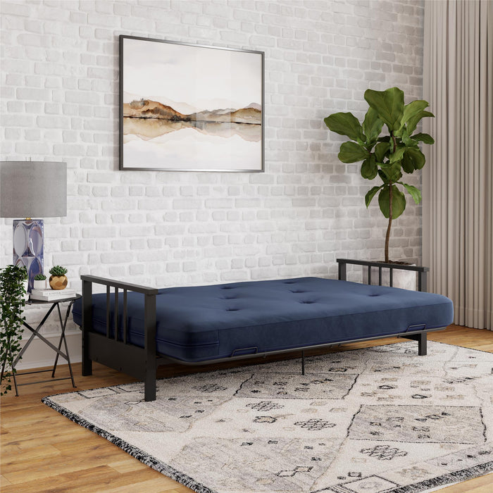 Futon Harlow Dorel Home de format lit double avec accoudoirs en métal et matelas de futon à rembourrage en polyester à haute densité thermolié de 6 po - bleu