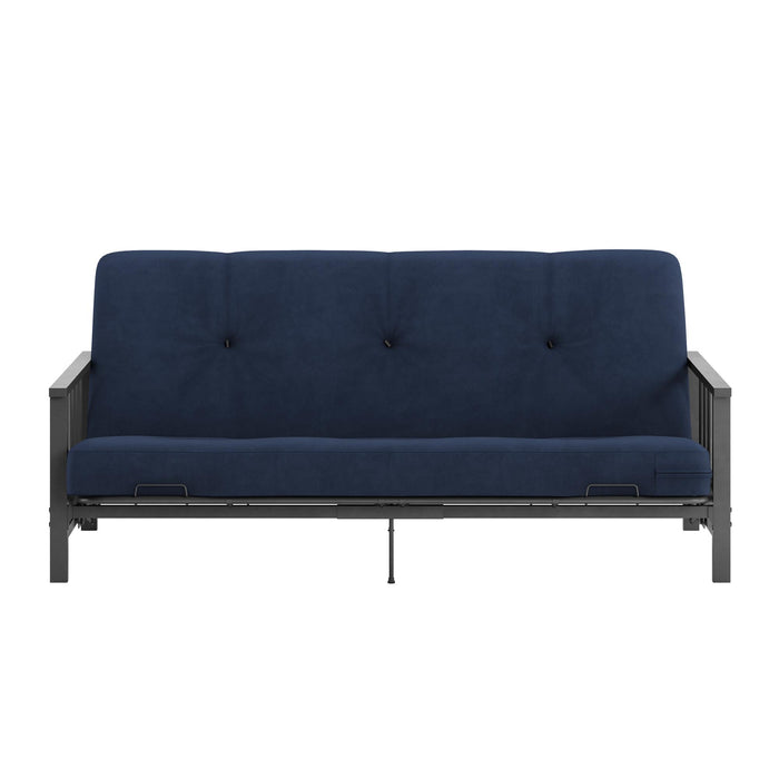 Futon Harlow Dorel Home de format lit double avec accoudoirs en métal et matelas de futon à rembourrage en polyester à haute densité thermolié de 6 po - bleu