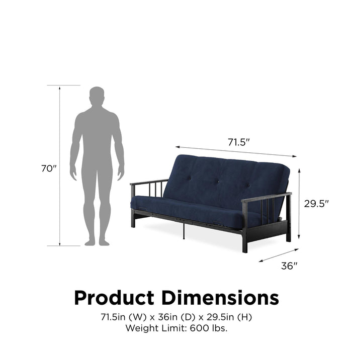 Futon Harlow Dorel Home de format lit double avec accoudoirs en métal et matelas de futon à rembourrage en polyester à haute densité thermolié de 6 po - bleu