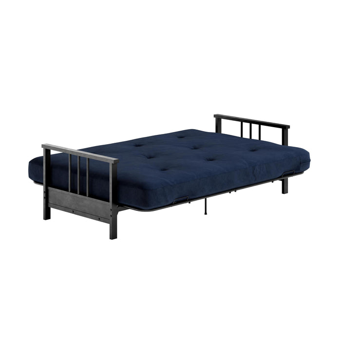 Futon Harlow Dorel Home de format lit double avec accoudoirs en métal et matelas de futon à rembourrage en polyester à haute densité thermolié de 6 po - bleu