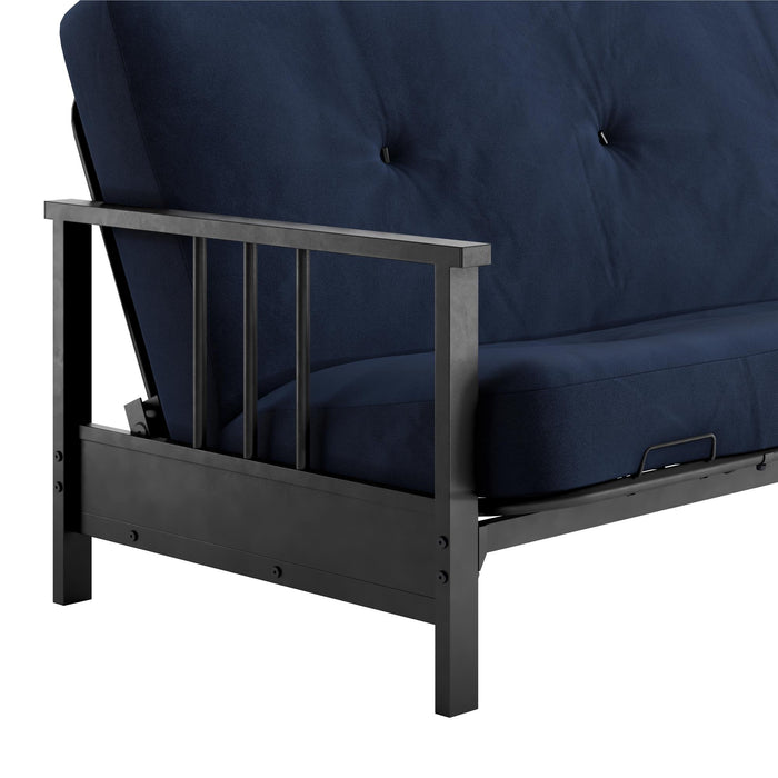 Futon Harlow Dorel Home de format lit double avec accoudoirs en métal et matelas de futon à rembourrage en polyester à haute densité thermolié de 6 po - bleu