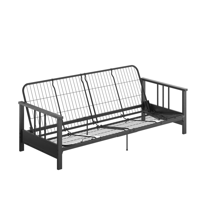 Futon Harlow Dorel Home de format lit double avec accoudoirs en métal et matelas de futon à rembourrage en polyester à haute densité thermolié de 6 po - bleu