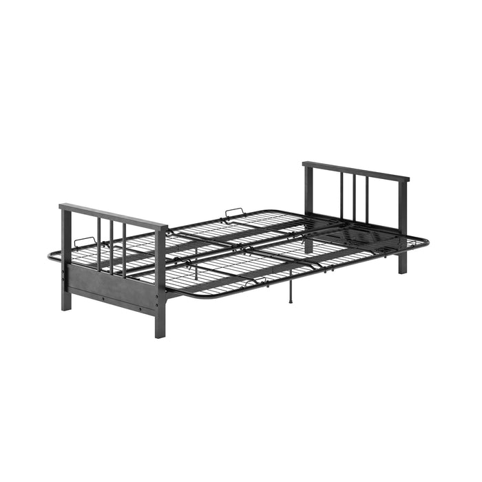 Futon Harlow Dorel Home de format lit double avec accoudoirs en métal et matelas de futon à rembourrage en polyester à haute densité thermolié de 6 po - bleu