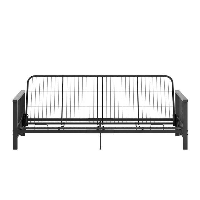 Futon Harlow Dorel Home de format lit double avec accoudoirs en métal et matelas de futon à rembourrage en polyester à haute densité thermolié de 6 po - bleu