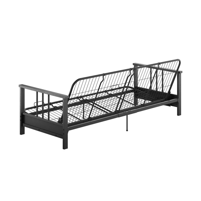 Futon Harlow Dorel Home de format lit double avec accoudoirs en métal et matelas de futon à rembourrage en polyester à haute densité thermolié de 6 po - bleu