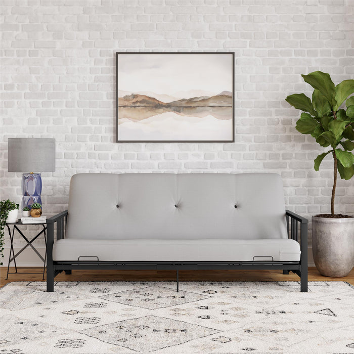 Futon Harlow Dorel Home de format lit double avec accoudoirs en métal et matelas de futon à rembourrage en polyester à haute densité thermolié de 6 po - gris