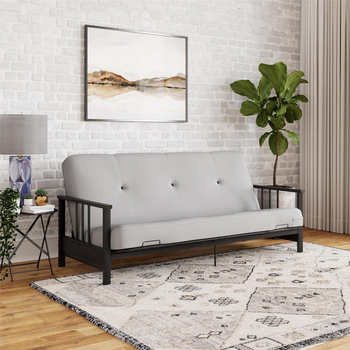 Futon Harlow Dorel Home de format lit double avec accoudoirs en métal et matelas de futon à rembourrage en polyester à haute densité thermolié de 6 po - gris