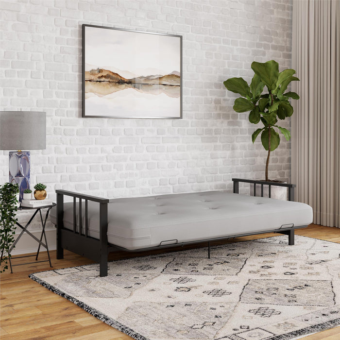 Futon Harlow Dorel Home de format lit double avec accoudoirs en métal et matelas de futon à rembourrage en polyester à haute densité thermolié de 6 po - gris