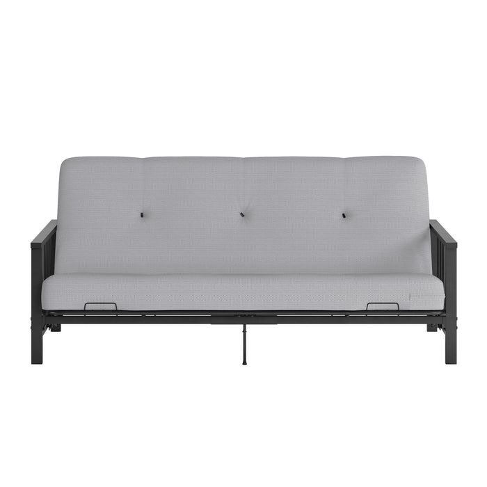 Futon Harlow Dorel Home de format lit double avec accoudoirs en métal et matelas de futon à rembourrage en polyester à haute densité thermolié de 6 po - gris