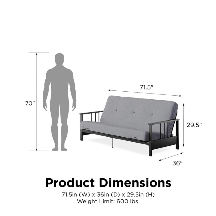 Futon Harlow Dorel Home de format lit double avec accoudoirs en métal et matelas de futon à rembourrage en polyester à haute densité thermolié de 6 po - gris