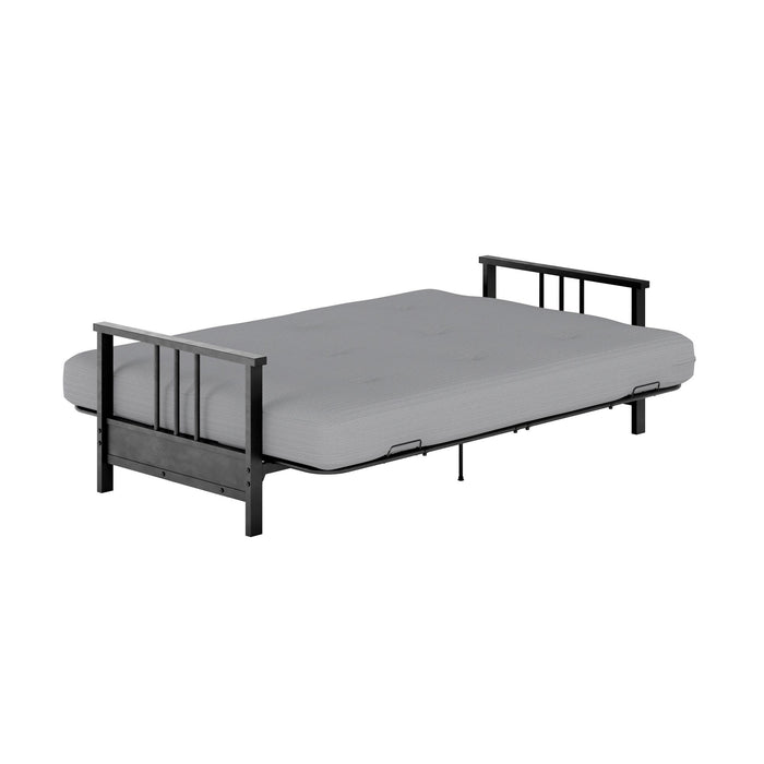 Futon Harlow Dorel Home de format lit double avec accoudoirs en métal et matelas de futon à rembourrage en polyester à haute densité thermolié de 6 po - gris