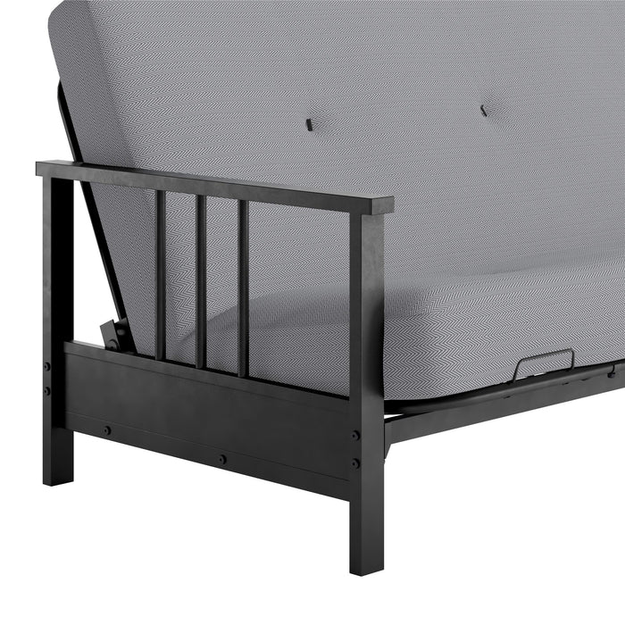 Futon Harlow Dorel Home de format lit double avec accoudoirs en métal et matelas de futon à rembourrage en polyester à haute densité thermolié de 6 po - gris