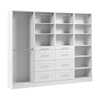 Bestar Florence 100" Modular Reach-In/Walk-In Closet System with Rods, Shelves and Drawers Shaker Style - White|Système de garde-robe et pièce-penderie modulaire Florence de Bestar de 100 po avec tringles, tablettes et tiroirs de style Shaker - blanc