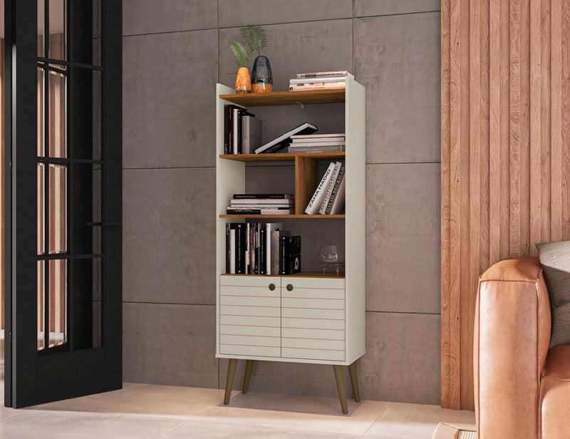 Bibliothèque Bogart de Manhattan Comfort de 62,6 po de style moderne du milieu du 20e siècle - blanc cassé et naturelle