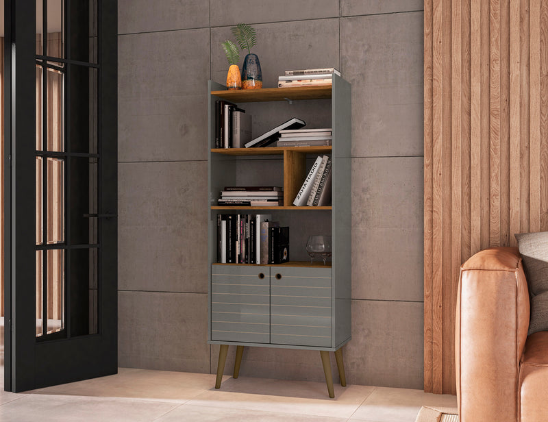 Bibliothèque Bogart de Manhattan Comfort de 62,6 po de style moderne du milieu du 20e siècle - grise et naturelle