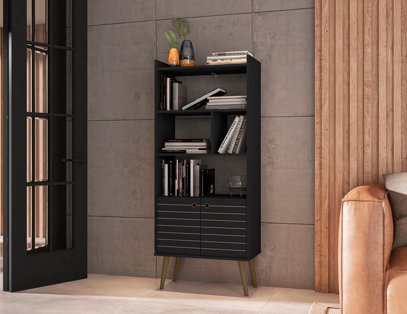 Bibliothèque Bogart de Manhattan Comfort de 62,6 po de style moderne du milieu du 20e siècle - noire et naturelle