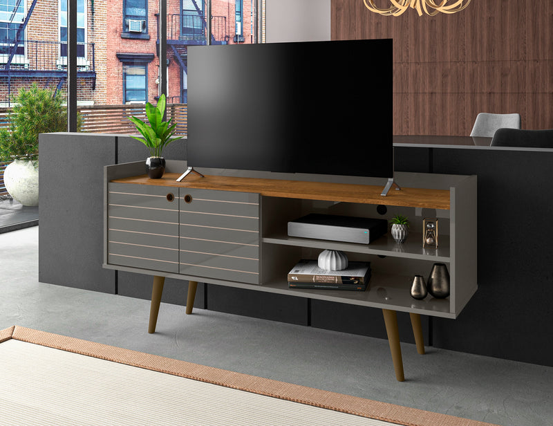 Meuble pour téléviseur Bogart de Manhattan Comfort de 53,54 po de style moderne du milieu du 20e siècle - gris et naturel