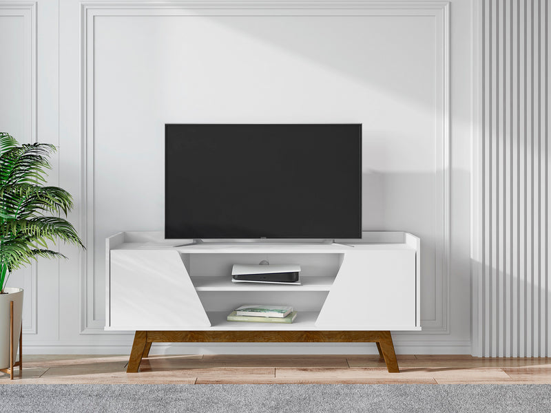 Meuble pour téléviseur Marcus de Manhattan Comfort de 53,14 po de style moderne du milieu du 20e siècle avec pattes en bois massif - blanc