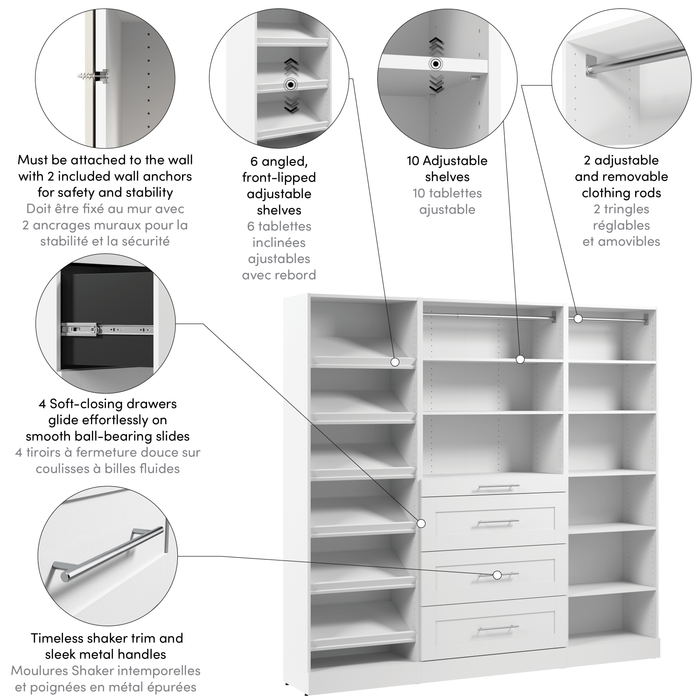 Système de garde-robe et pièce-penderie modulaire Florence de Bestar de 85 po avec tiroirs et tablettes pour chaussures de style Shaker - blanc