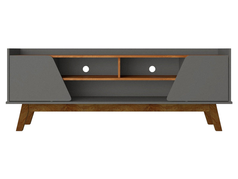 Meuble pour téléviseur Marcus de Manhattan Comfort de 62,99 po de style moderne du milieu du 20e siècle avec pattes en bois massif - gris et naturel