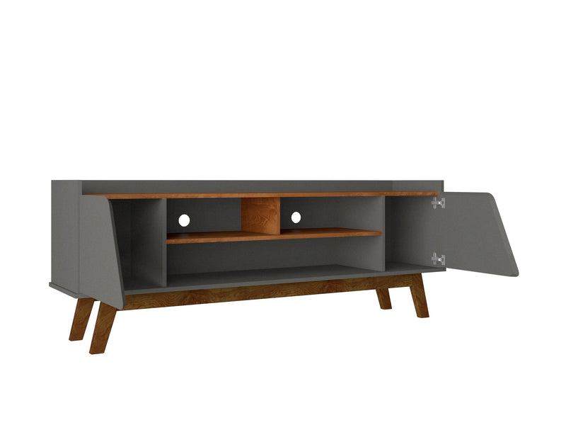 Meuble pour téléviseur Marcus de Manhattan Comfort de 62,99 po de style moderne du milieu du 20e siècle avec pattes en bois massif - gris et naturel