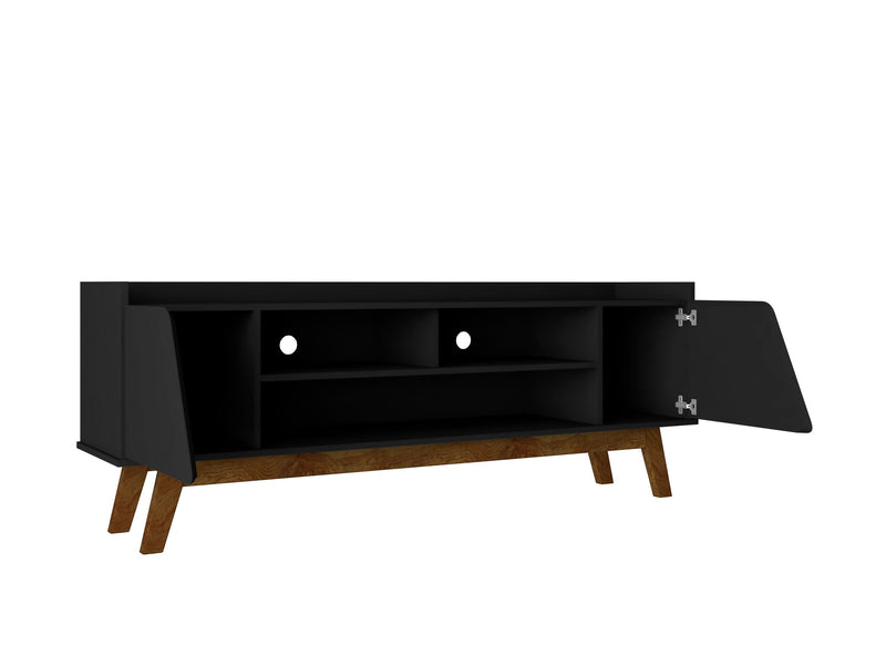 Meuble pour téléviseur Marcus de Manhattan Comfort de 62,99 po de style moderne du milieu du 20e siècle avec pattes en bois massif - noir mat