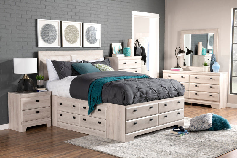 Ensemble de chambre à coucher Yorkdale 6 pièces avec lit de rangement à 12 tiroirs, commode, miroir et table de nuit, blanc - format grand lit