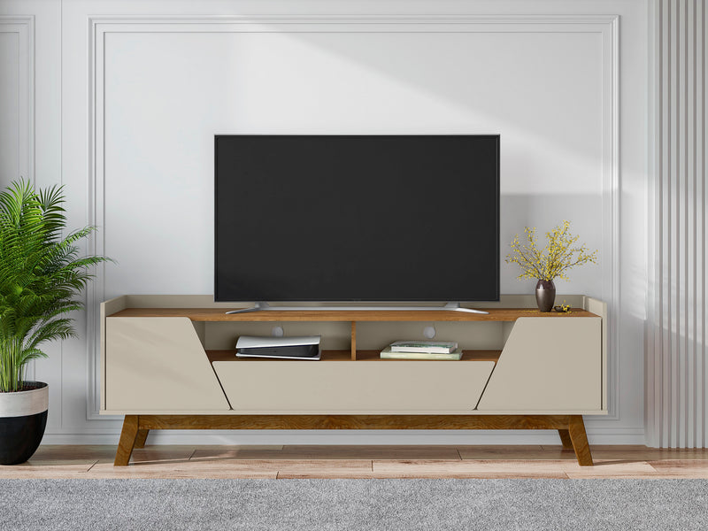 Meuble pour téléviseur Marcus de Manhattan Comfort de 70,86 po de style moderne du milieu du 20e siècle avec pattes en bois massif - greige et naturel
