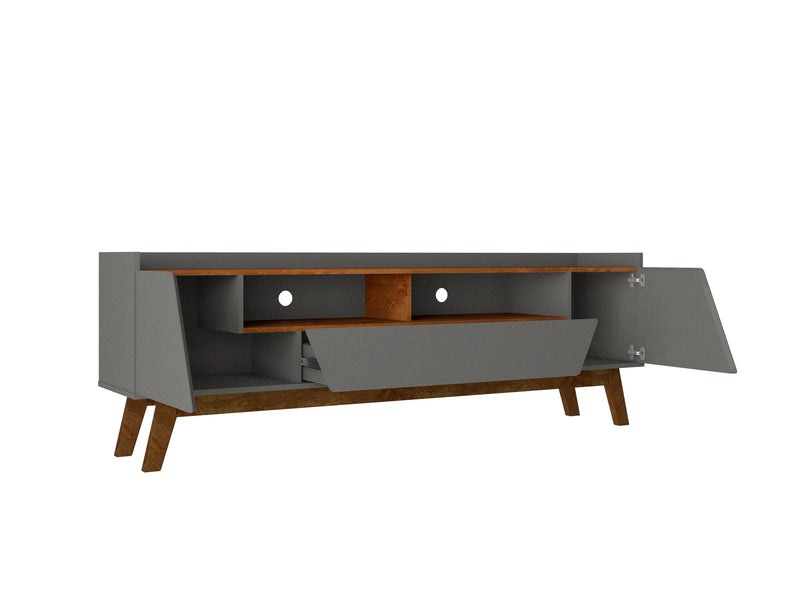 Meuble pour téléviseur Marcus de Manhattan Comfort de 70,86 po de style moderne du milieu du 20e siècle avec pattes en bois massif - gris et naturel