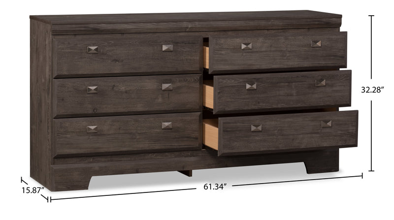 Commode Yorkdale de 61,4 po (L) x 32,3 po (H) à 6 tiroirs pour la chambre à coucher, fabriquée au Canada - grise