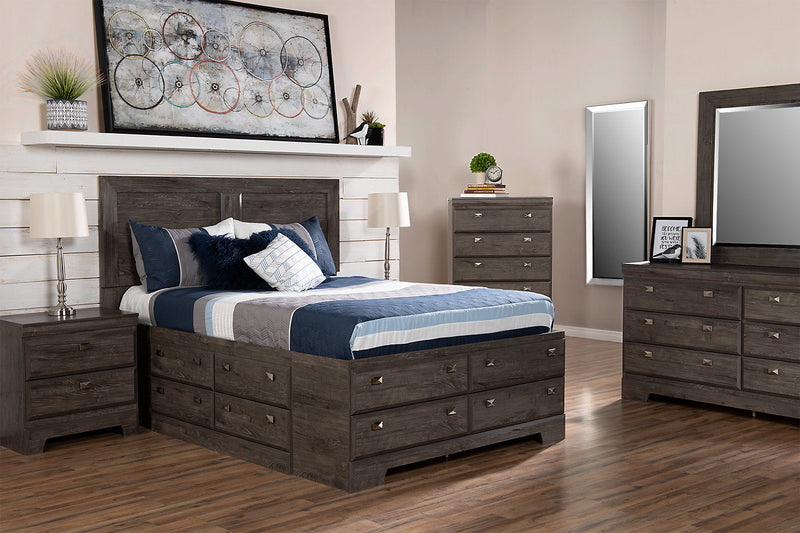 Ensemble de chambre à coucher Yorkdale 5 pièces avec lit de rangement à 12 tiroirs, commode et miroir, gris - format lit double