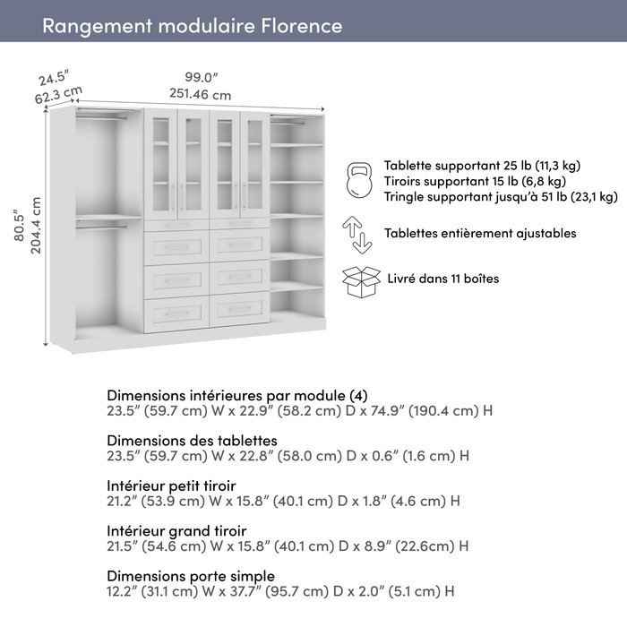 Système de pièce-penderie modulaire Florence de Bestar de 100 po avec éclairages à DEL, tringles, tablettes, tiroirs et portes de style Shaker - blanc