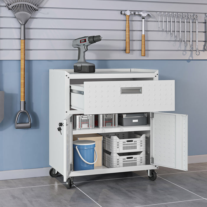 Armoire mobile Fortress de Manhattan Comfort de 31,5 po en métal texturé avec tiroir et 2 tablettes réglables pour le garage - blanche