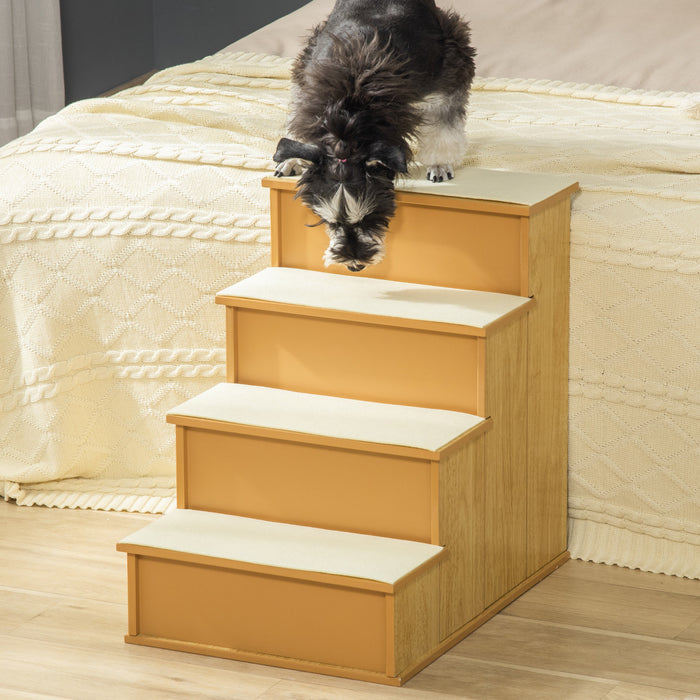 Pawhut Marche Escaliers 4 Niveaux En Bois Chien Pour Animaux De Compagnie Pour Lit Haut, Echelle De Chat Pour Canape De Lit Avec Tapis Antiderapant, Bois Naturel