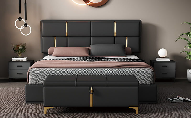 Ensemble De Chambre Nicole 2 Pieces Avec Lit Plateforme Tapisse Et Banc Coffre, Taille Queen, Noir