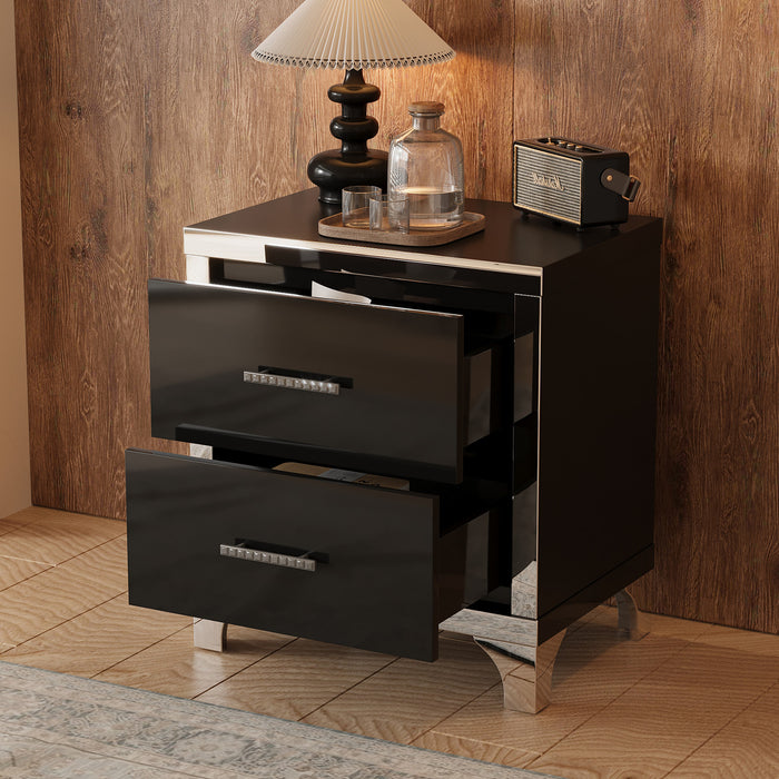 Sophia table de chevet laquee brillante avec 2 tiroirs et poignees en metal, noir