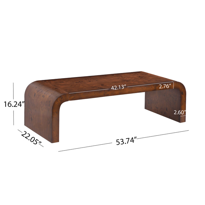 Table basse cascade rectangulaire Haven 53,7 pouces moderne placage bois avec bords arrondis, brun