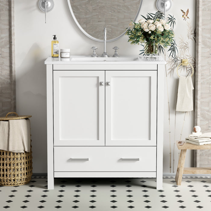 Erica Meuble-lavabo De Salle De Bain 30\" En Bois Massif Avec Lavabo Simple En Ceramique, Portes A Fermeture Douce Et Rangement Multifonctionnel - Blanc