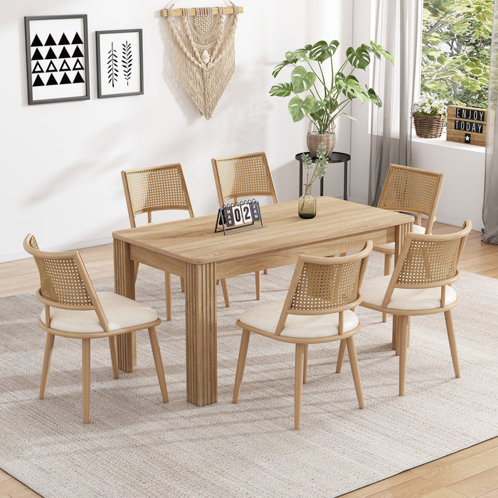 Chaises de salle a manger modernes Oliver avec assise rembourree en PU et dossier en rotin PE, lot de 6, beige