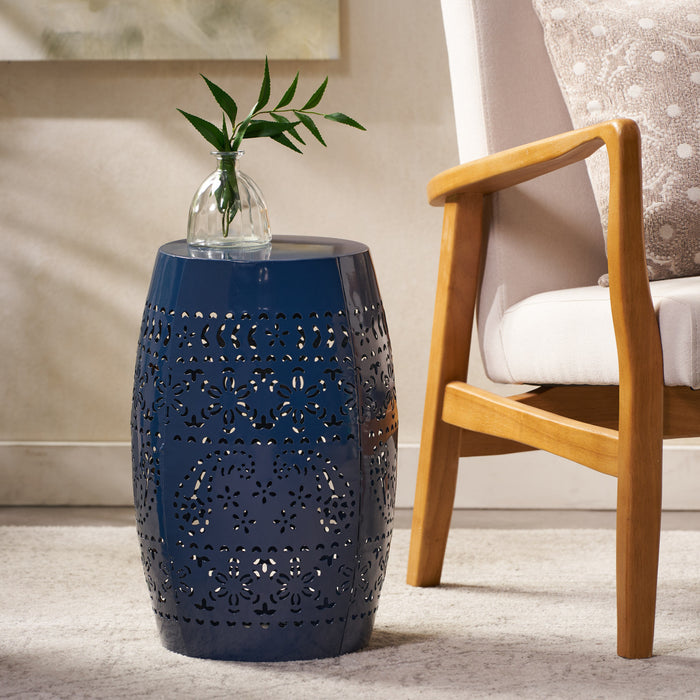 Table D’appoint Interieure Phoenix En Fer De Forme Tonneau 12\", Avec Motif Ajoure, Bleu Marine