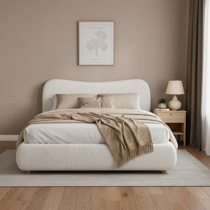 Lit plateforme Camille avec tete de lit incurvee et tapissage boucle luxueux, taille Queen, blanc